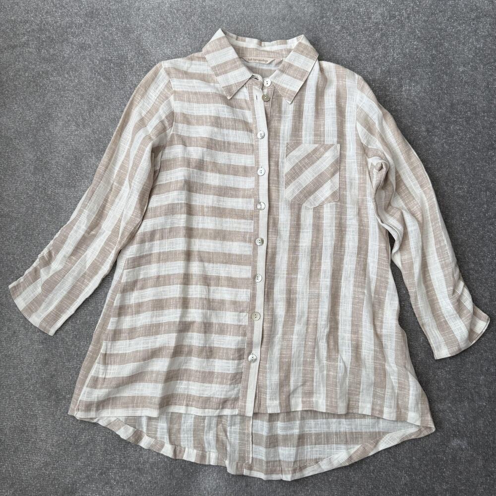 Soft Surroundings Shirt Womens Small Tan White Stripe Linen Blend 3/4 Sleeve